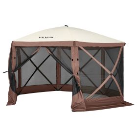Pop Up Gazebo Tent, Pop-Up Screen Tent 6 Sided Canopy Sun Shelter with 6 Removable Privacy Wind Cloths & Mesh Windows (Color: Brown, Item Size: 11.5 x 11.5 ft)